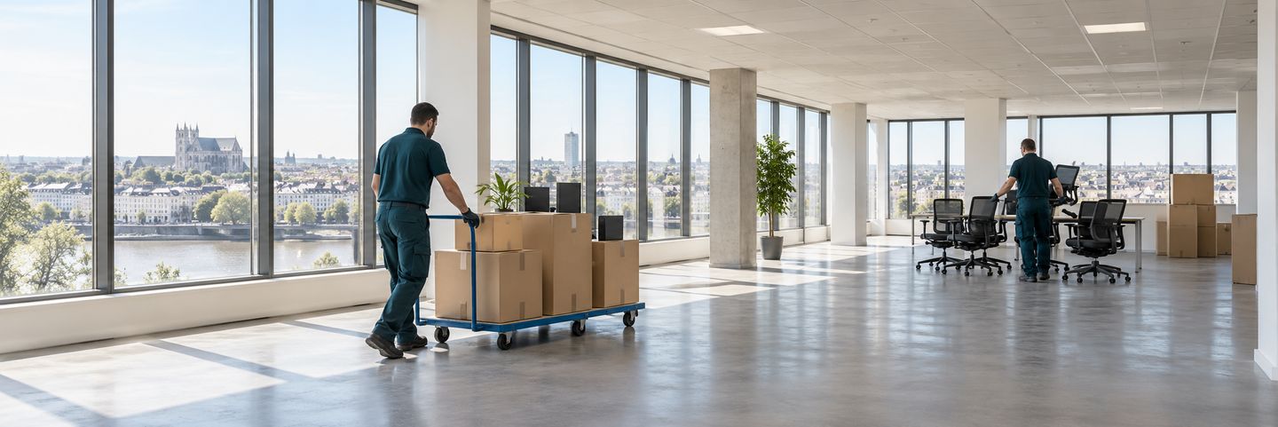 Évacuation organisée de mobilier et cartons dans des bureaux, illustration du débarras à Nantes